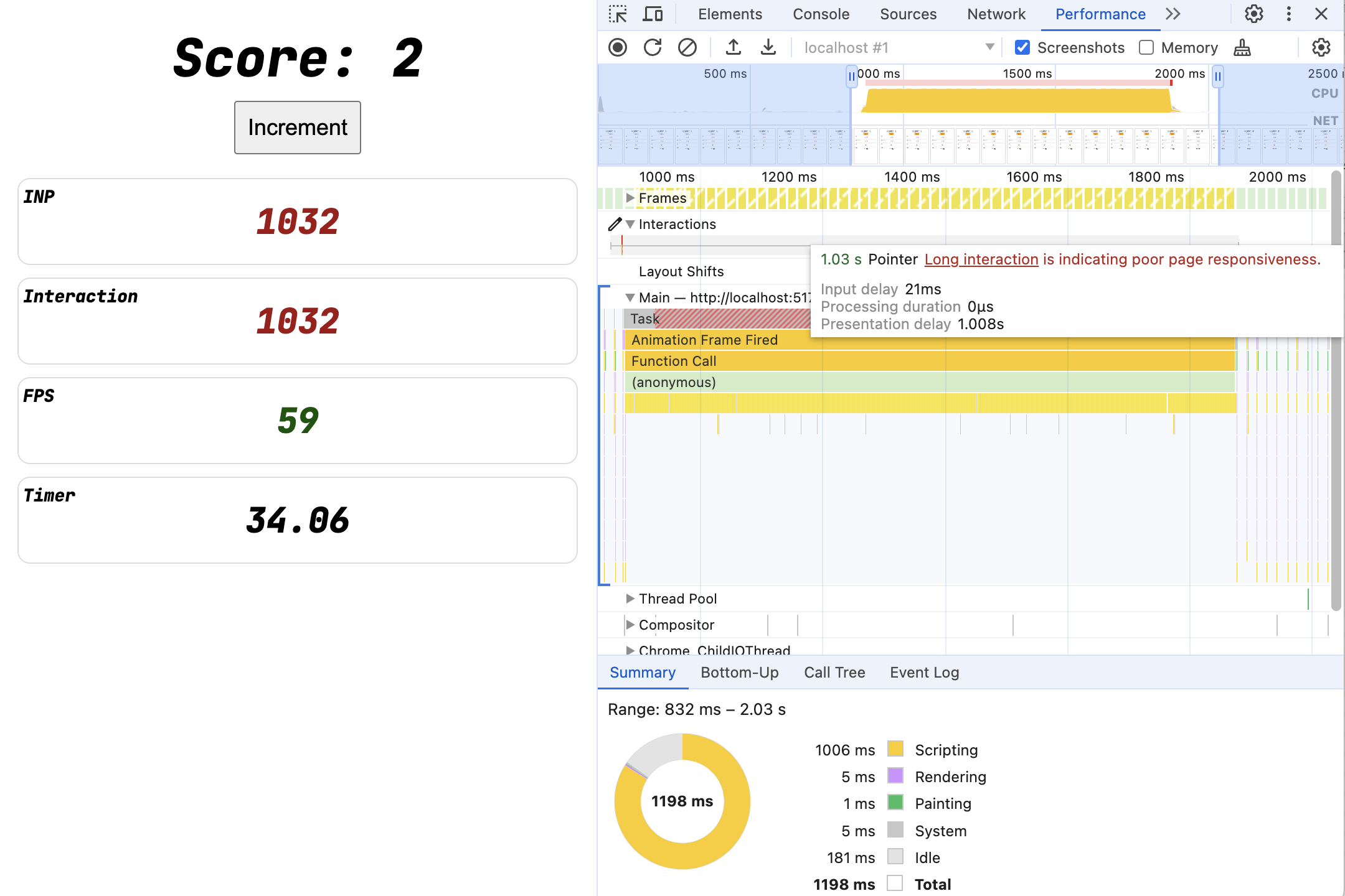 Uma interação estática de um segundo no painel "Desempenho"
