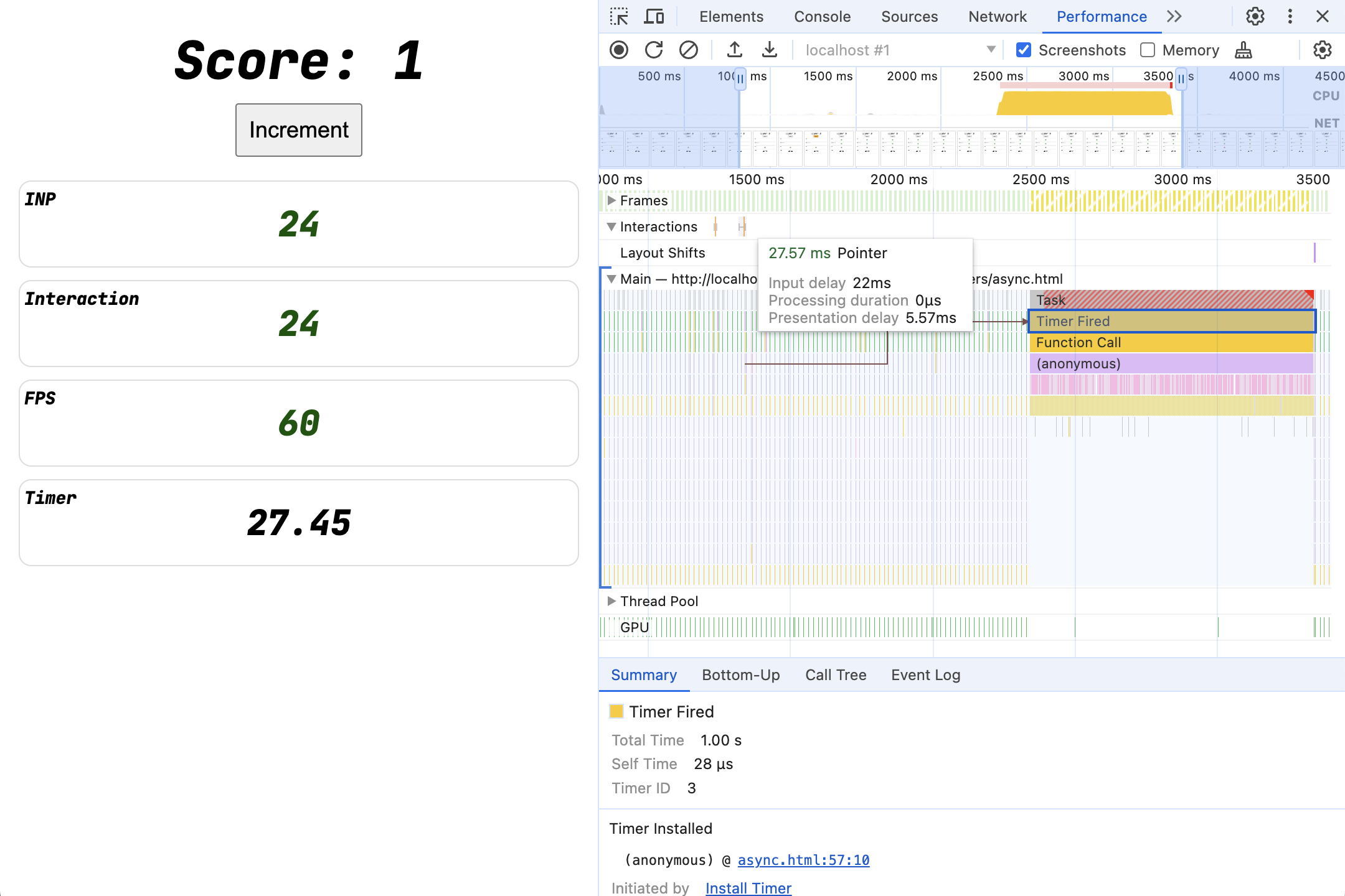 1 秒の長いタスクとの 27 ミリ秒のインタラクションがトレースの後半で発生している