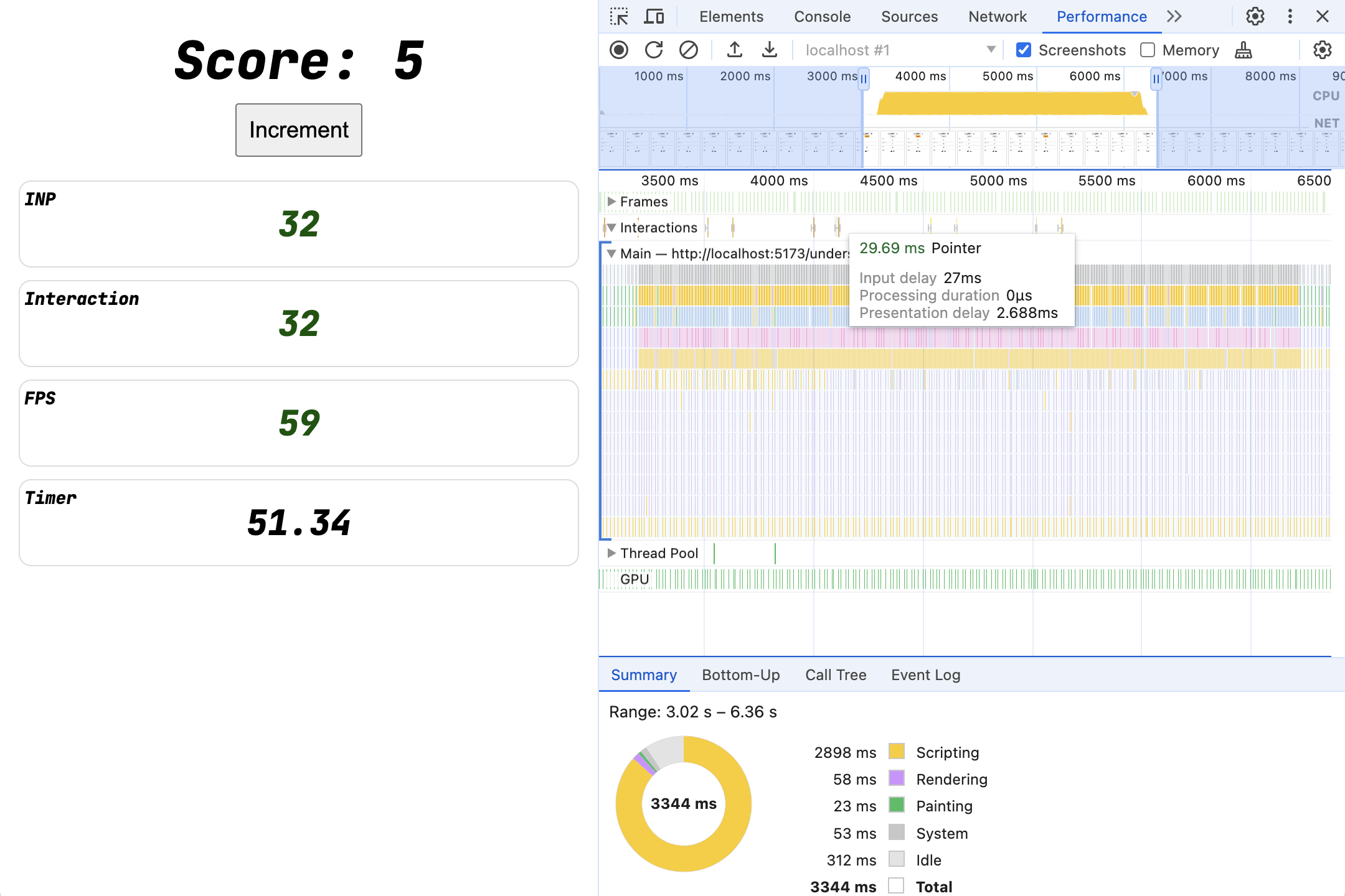 Die Arbeit im Hauptthread ist jetzt in viele kleine Teile unterteilt, Interaktionen sind kurz und die Arbeit dauert nur so lange wie nötig.