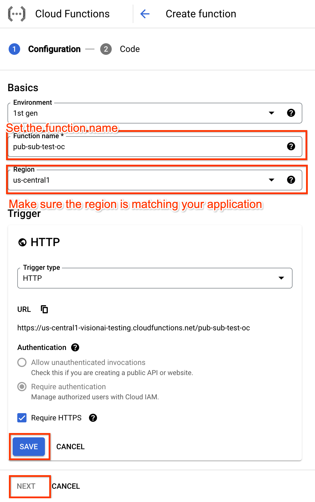 Falha ao carregar o exemplo de criação da função do Cloud