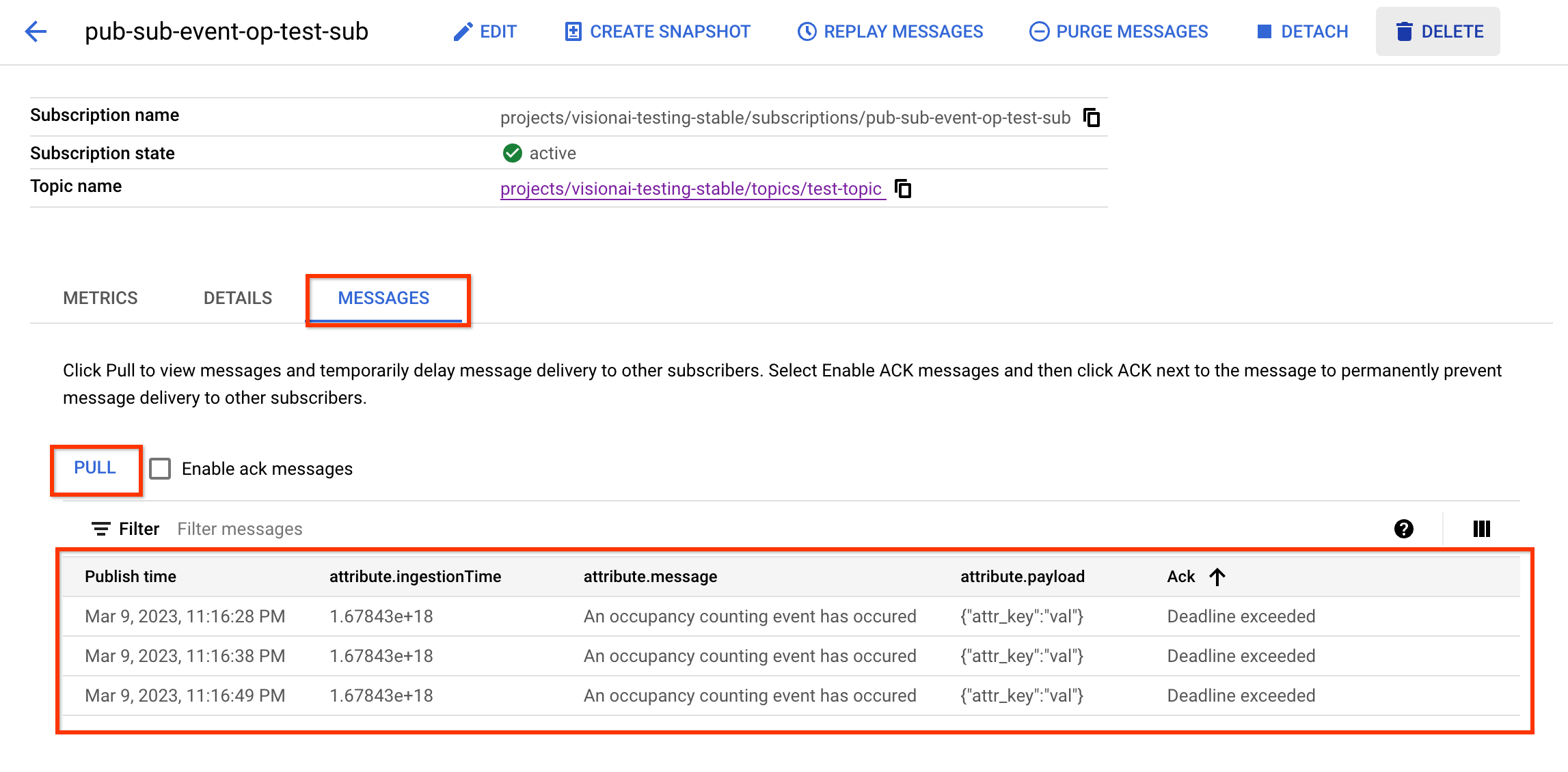 erro ao carregar a imagem da mensagem de assinatura do Pub/Sub