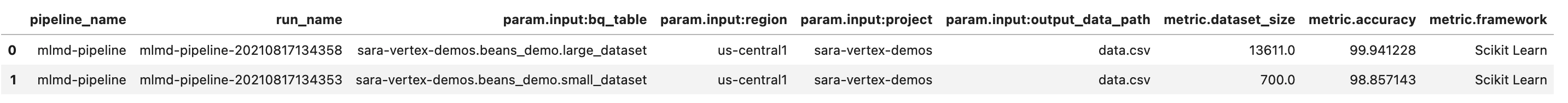 DataFrame metriche della pipeline