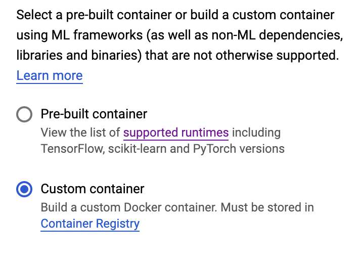 Opção "Container personalizado"