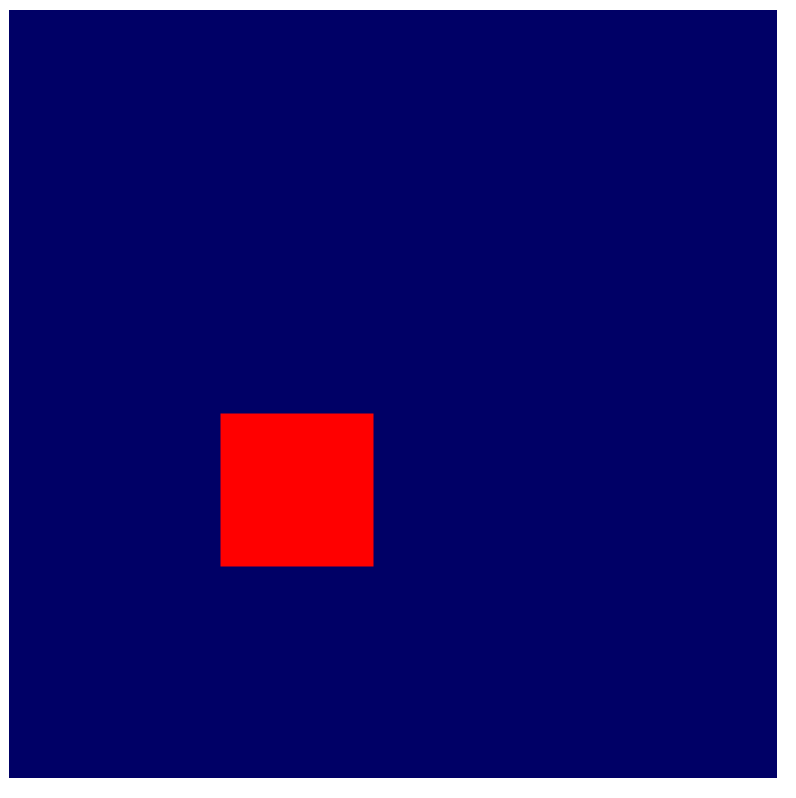 Screenshot di un quadrato rosso su uno sfondo blu scuro. Il quadrato rosso è stato disegnato nella stessa posizione come descritto nel diagramma precedente, ma senza l&#39;overlay della griglia.