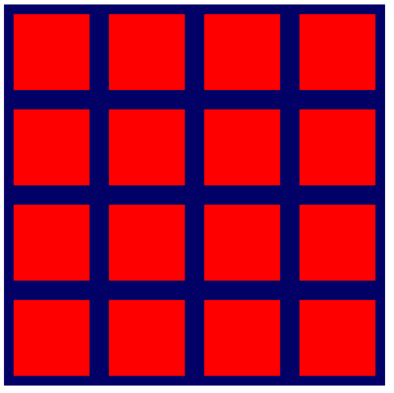 Cztery wiersze z czterema kolumnami czerwonych kwadratów na ciemnoniebieskim tle.
