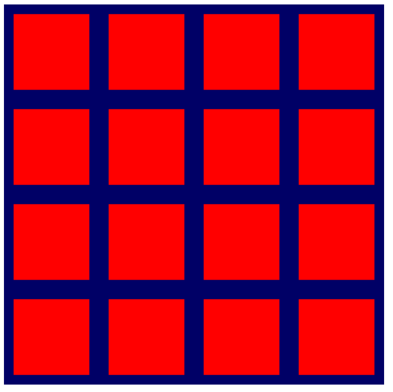Vier Zeilen mit vier Spalten mit roten Quadraten auf einem dunkelblauen Hintergrund.