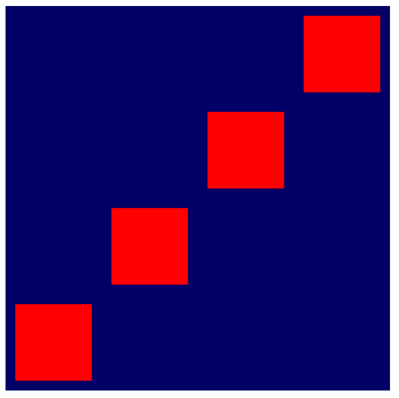 Cztery czerwone kwadraty w linii ukośnej od lewego dolnego rogu do prawego górnego rogu na ciemnoniebieskim tle.