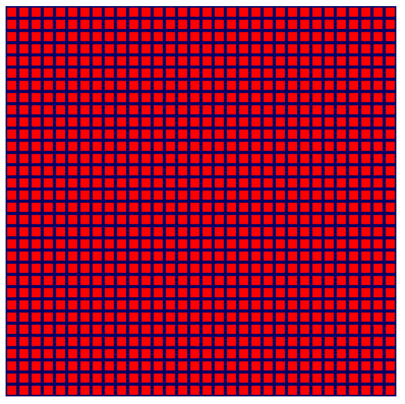 32 lignes de 32 colonnes de carrés rouges sur fond bleu foncé.
