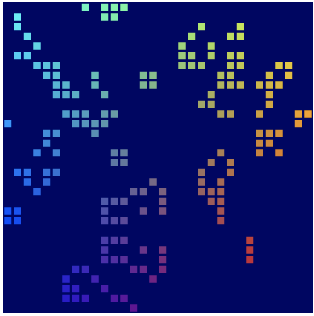 Captura de pantalla de un ejemplo de estado de la simulación del Juego de la vida, con celdas renderizadas de colores sobre un fondo azul oscuro.