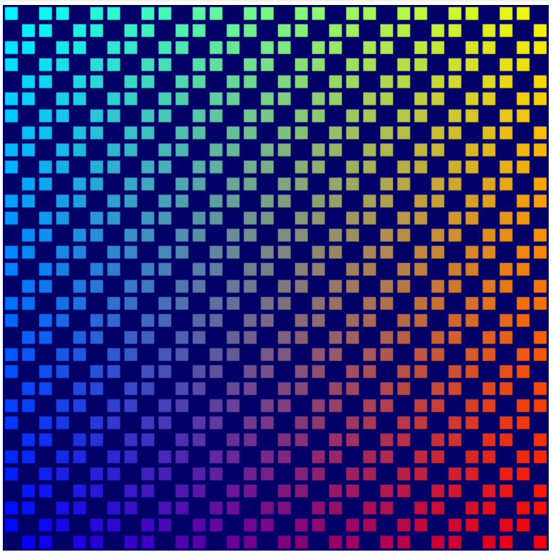 Diagonal stripes of colorful squares two squares wide going from bottom left to top right against a dark blue background. The inversion of the previous image.