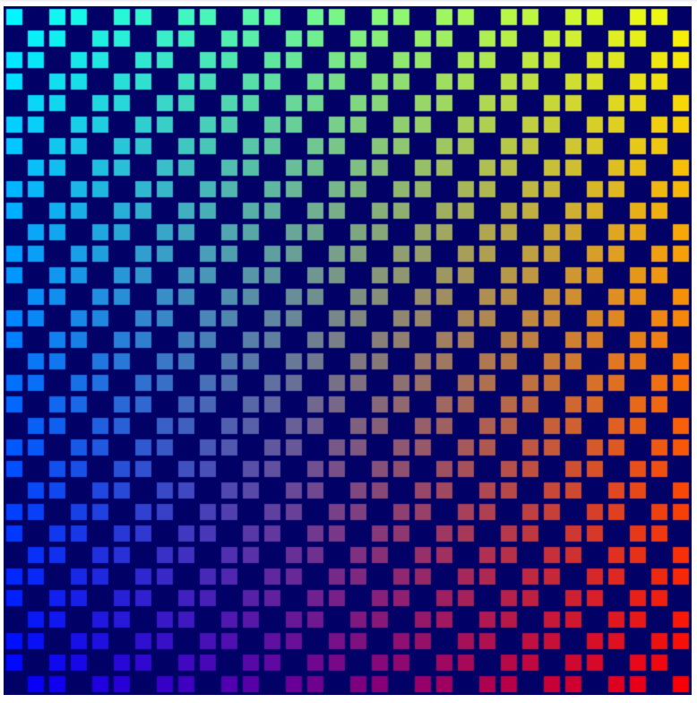 Strisce diagonali di quadrati colorati larghi due caselle che vanno da sinistra in basso a destra in alto su uno sfondo blu scuro. L&#39;inversione dell&#39;immagine precedente.