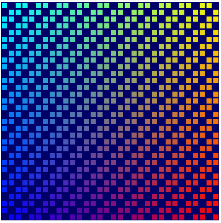 Strisce diagonali di quadrati colorati di due quadrati di larghezza che vanno dall&#39;angolo in basso a sinistra all&#39;angolo in alto a destra su sfondo blu scuro. L&#39;inversione dell&#39;immagine precedente.