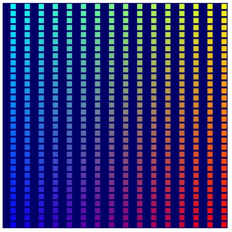 Vertikale Streifen mit bunten Quadraten vor einem dunkelblauen Hintergrund. 