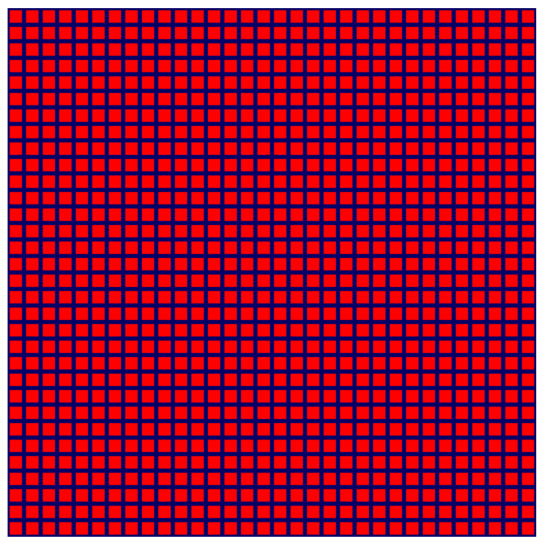 32 Zeilen mit 32 Spalten mit roten Quadraten auf einem dunkelblauen Hintergrund.