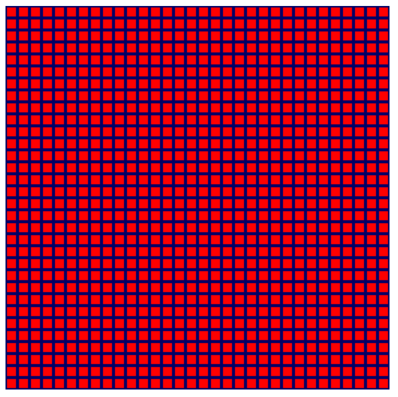 32 Zeilen mit 32 Spalten roter Quadrate auf einem dunkelblauen Hintergrund.