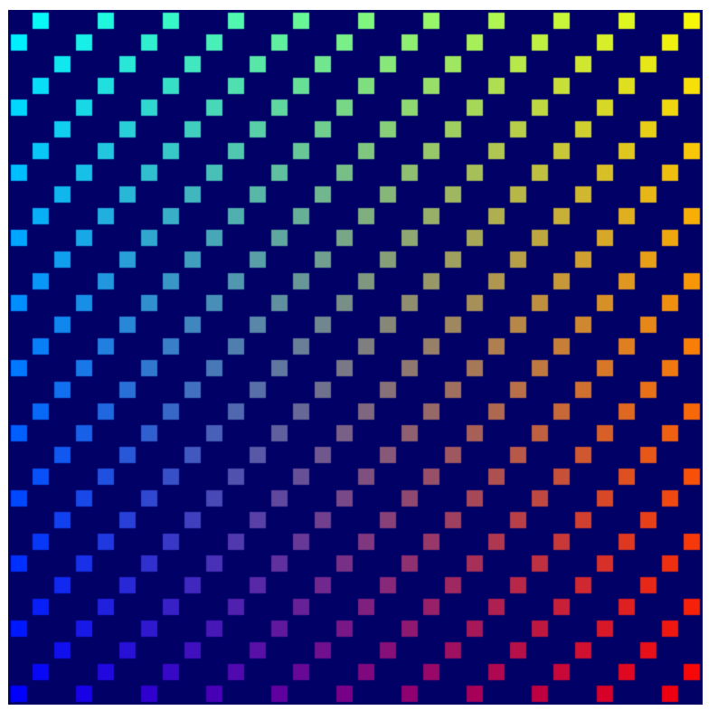 Diagonal stripes of colorful squares going from bottom left to top right against a dark blue background. 
