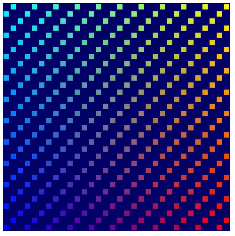 Strisce diagonali di quadrati colorati che vanno dall&#39;angolo in basso a sinistra all&#39;angolo in alto a destra su uno sfondo blu scuro. 